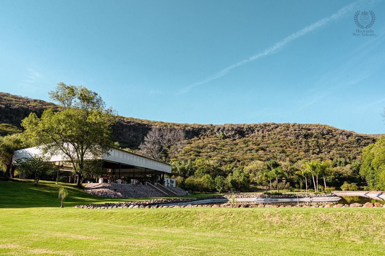 Jardín, lago y cerro con cielo despejado