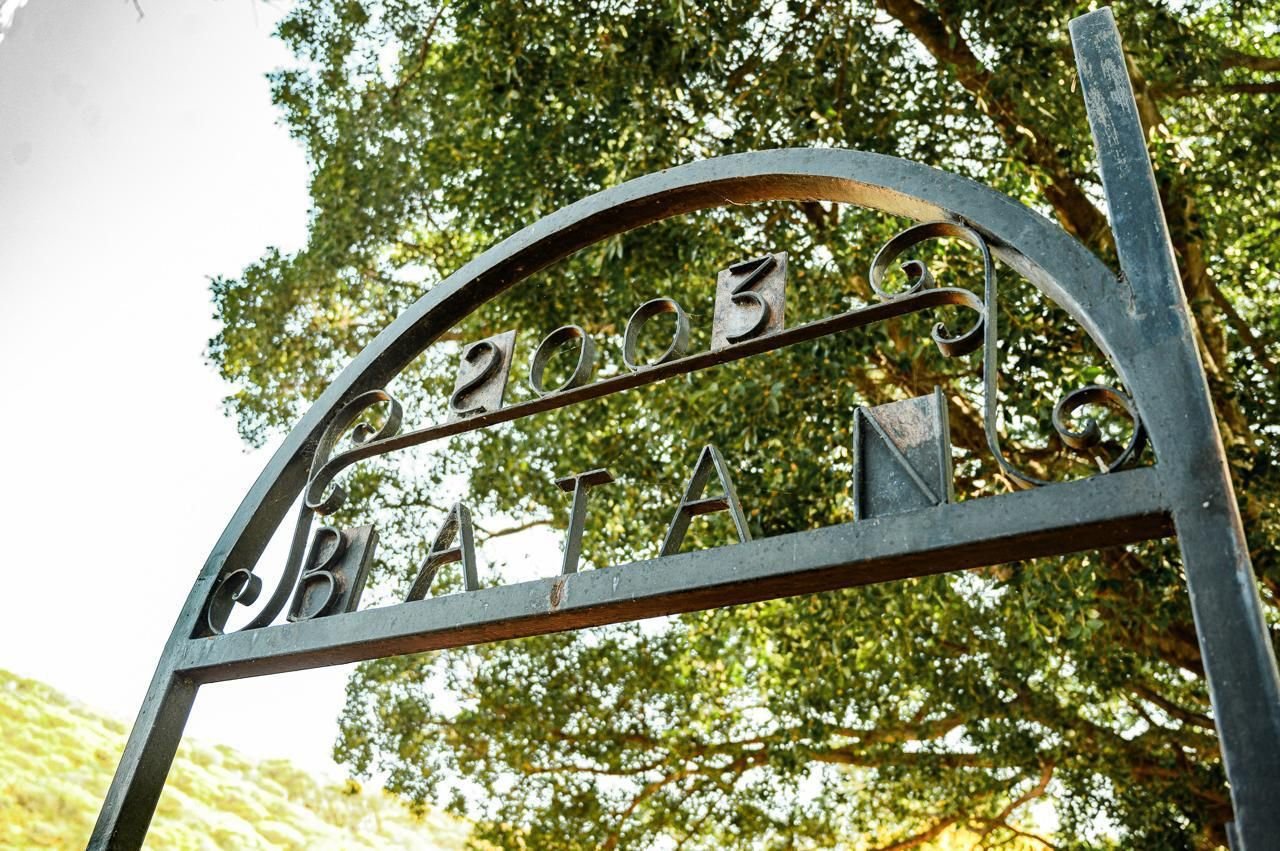 Arco de herrería con la palabra Batán bajo un árbol